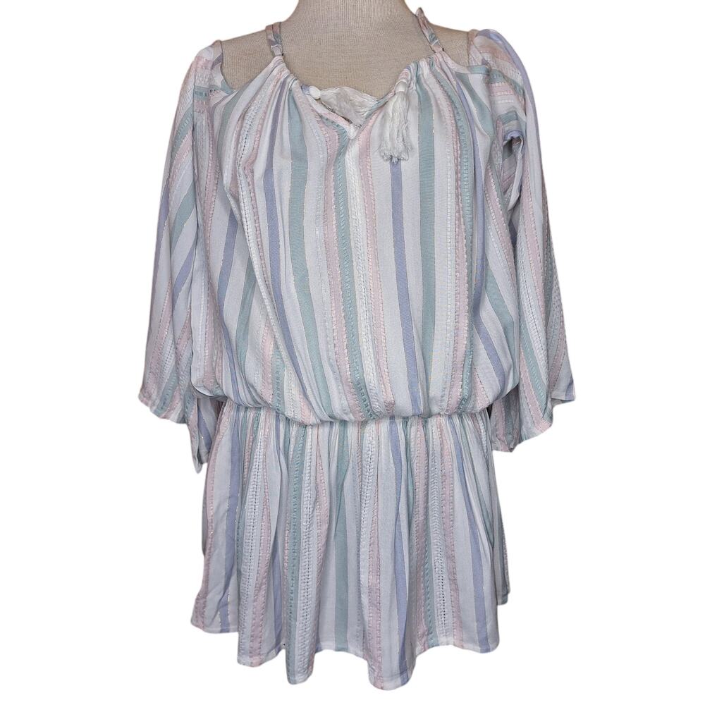 SurfGypsy NEW Shirred off the shoulder tassel mini dress cover up striped pastel